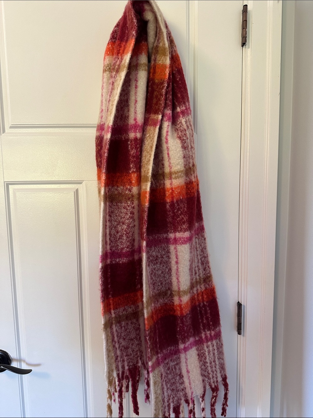 Cozy Plaid Fringe Scarf - Pink, Burgundy & Cream